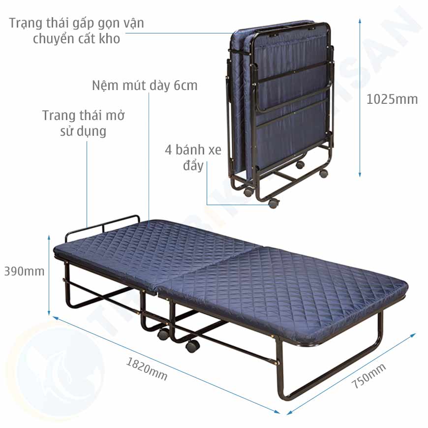 Kích thước giường extra bed nệm dày 06 cm sắt sơn EX7121-6