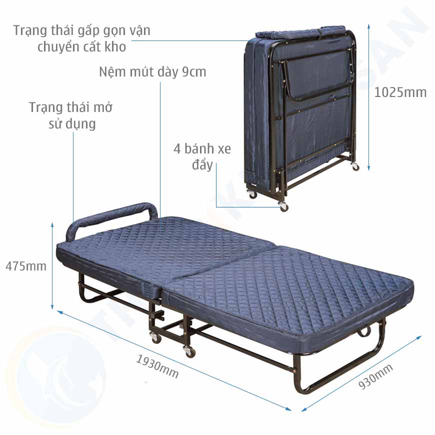 Kích thước giường extra bed nệm dày 09 cm sắt sơn EX7122-9