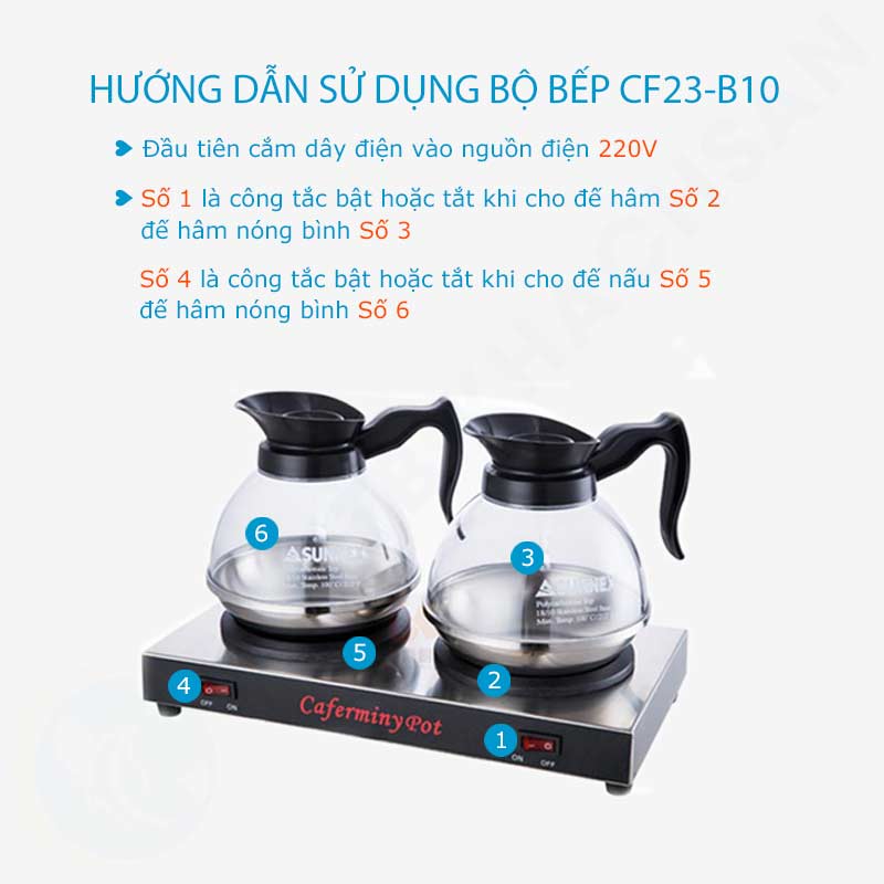 Hướng dẫn sử dụng bếp hâm trà cà phê Caferminy Pot có 2 bình đựng sunnex CF23-B10