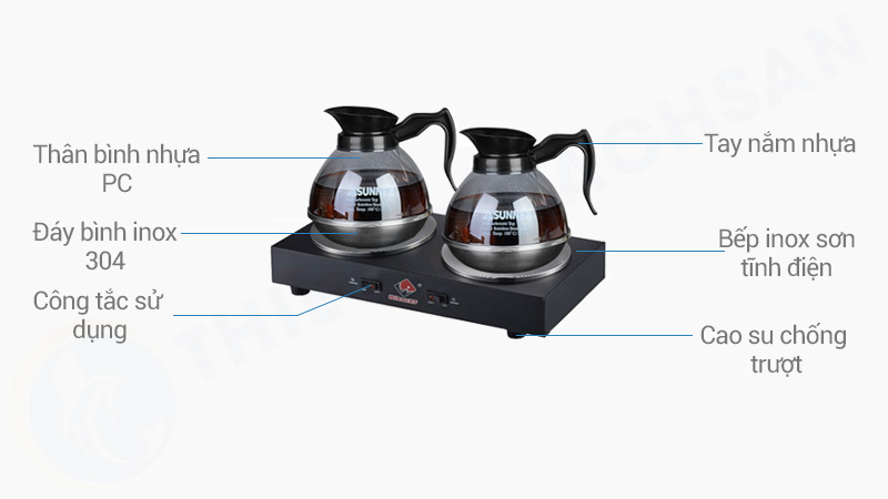 Mô tả bếp hâm nóng cà phê đôi Winners có 2 bình đựng Sunnex CF23-B18