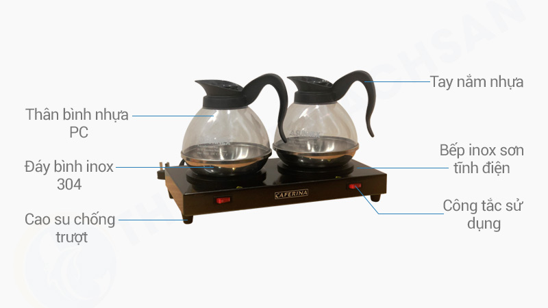 Mô tả bếp hâm cà phê đôi Caferina có 2 bình đựng Sunnex CF23-B33