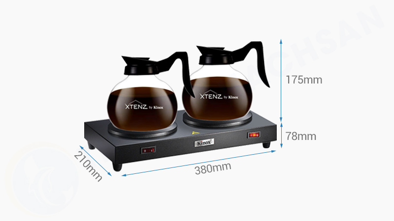 Kích thước bếp hâm cà phê đôi và 2 bình thủy tinh Kinox CF23-B39